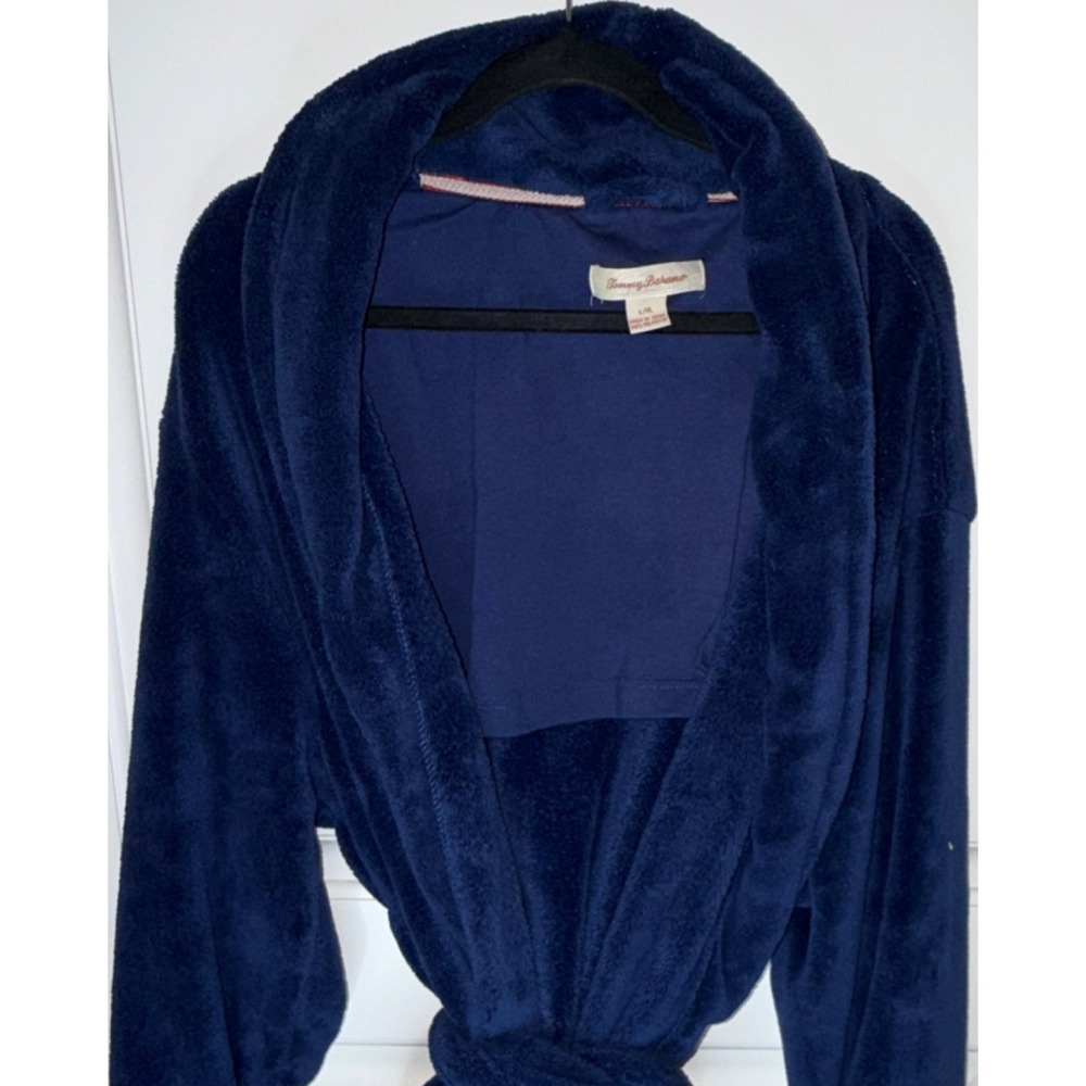 Tommy Bahama Blue Fleece Robe Men's L/XL 100% Polyester Belted Embroidered